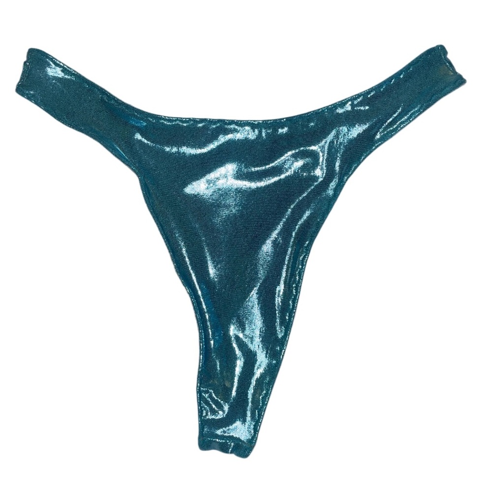“Made to Order” Metallic Blue Slide Triangle Top & High Leg Bikini Set - Picture 4 of 5